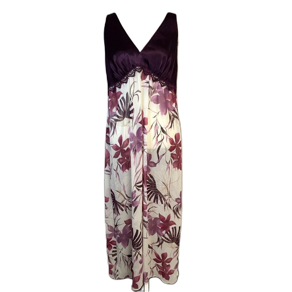 Y2k Babydoll Slip Dress Nightie Sz L V Neck Long Sheer Floral‎ Satin Lace Fairy